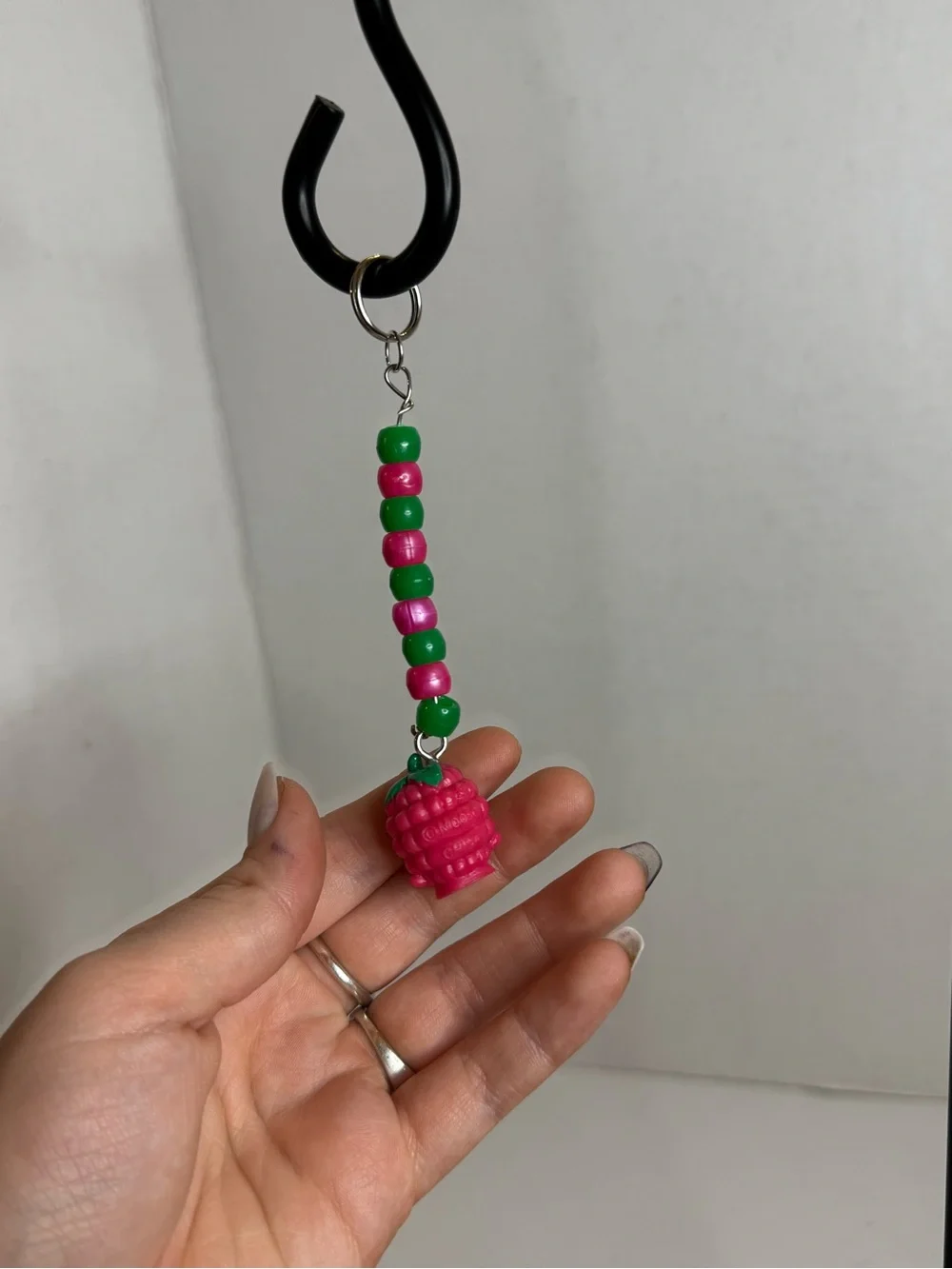 Shopkins Pink Raspberry Bead Keychain with Green Bead Accents